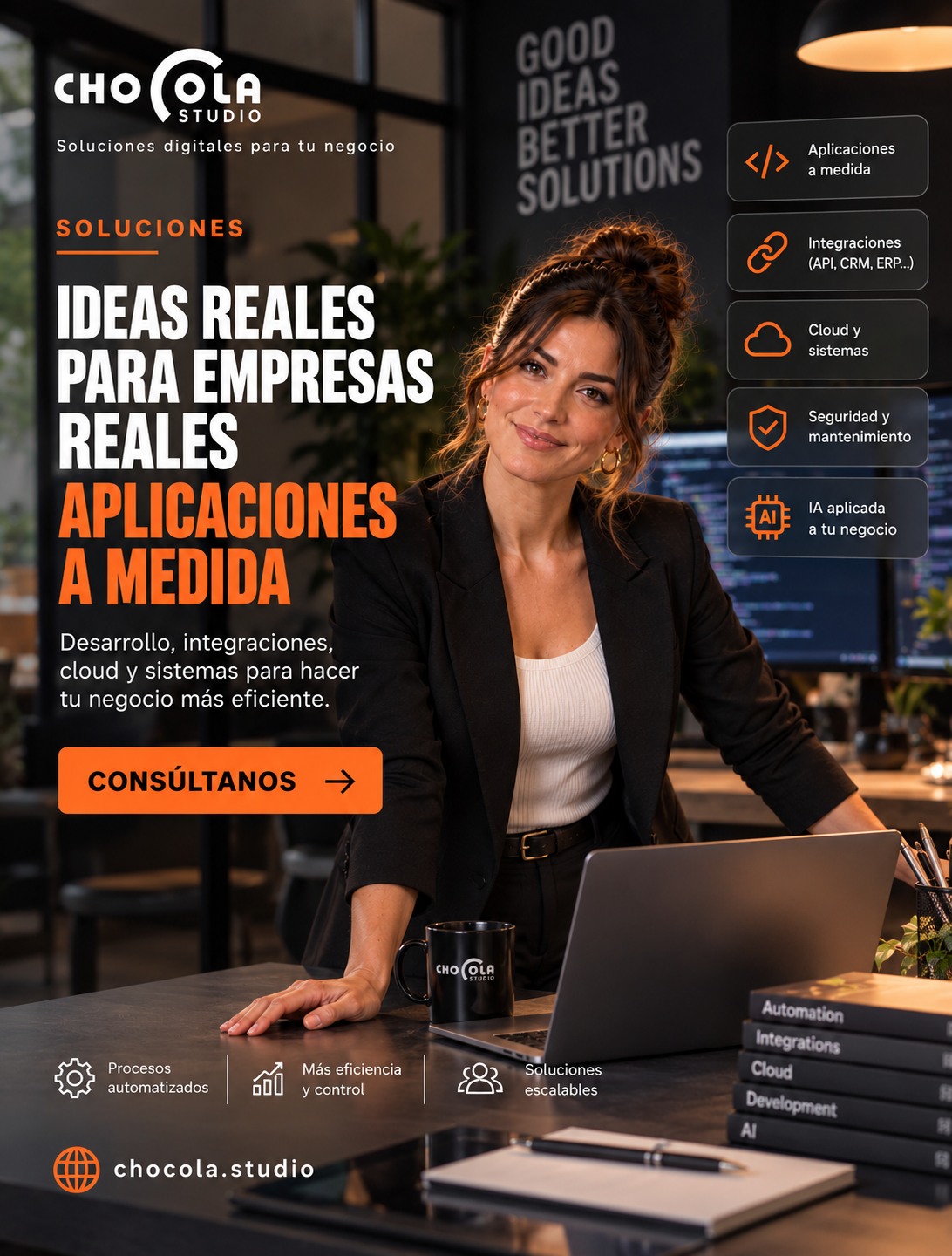 🚀 ¿Tu empresa sigue perdiendo tiempo con tareas manuales, procesos repetitivos o programas que no se entienden entre ellos? En Chocola Studio desarrollamos soluciones técnicas pensadas para cómo funciona realmente tu empresa: Aplicaciones a medida, integraciones entre sistemas, automatización de procesos, cloud, mantenimiento e IA aplicada al negocio. Menos trabajo repetitivo. Más control. Más eficiencia. Si tienes un proceso que podría funcionar mejor, hablamos. 🌐 chocola.studio #ChocolaStudio 