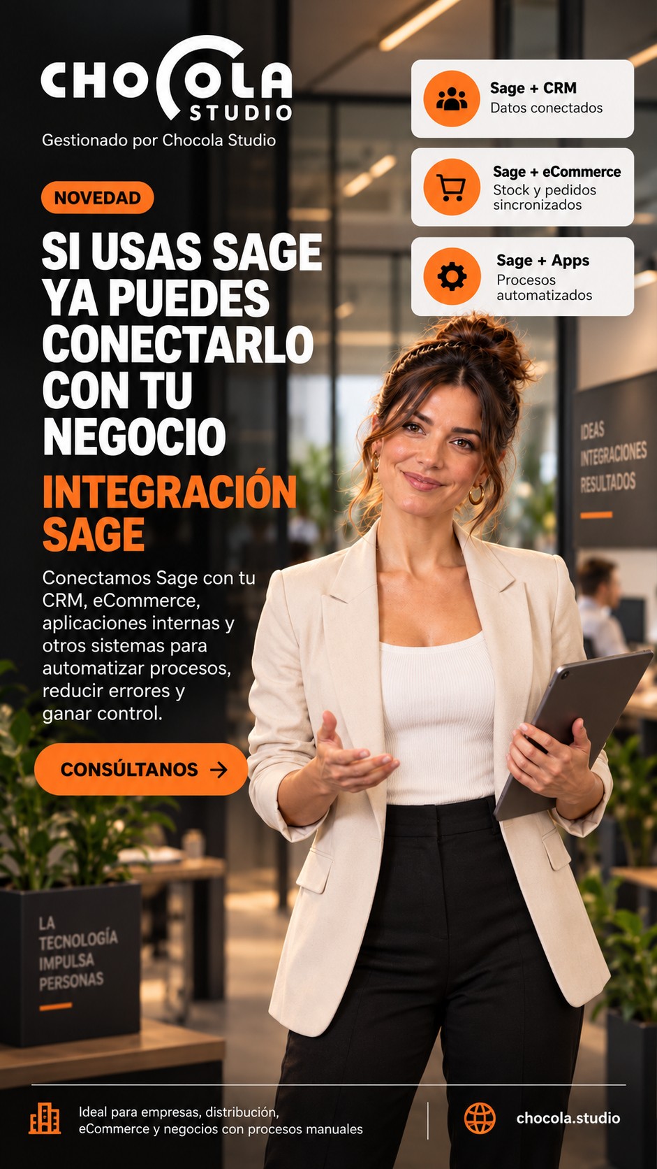 🚀 ¿Usas Sage pero todavía tienes procesos que haces a mano? Si cada día copias datos entre programas, actualizas información en varios sitios o trabajas con Excel para completar lo que tu sistema no hace, probablemente se puede automatizar. En Chocola Studio desarrollamos integraciones entre Sage y otras herramientas de tu empresa: - CRM - eCommerce - aplicaciones internas - bases de datos - automatizaciones - sistemas de gestión El objetivo es sencillo: menos tareas repetitivas, menos errores y